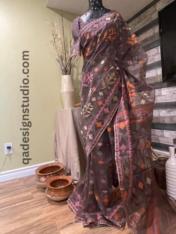 Dark Ash Colors Dhakai Jamdani Saree for Sale