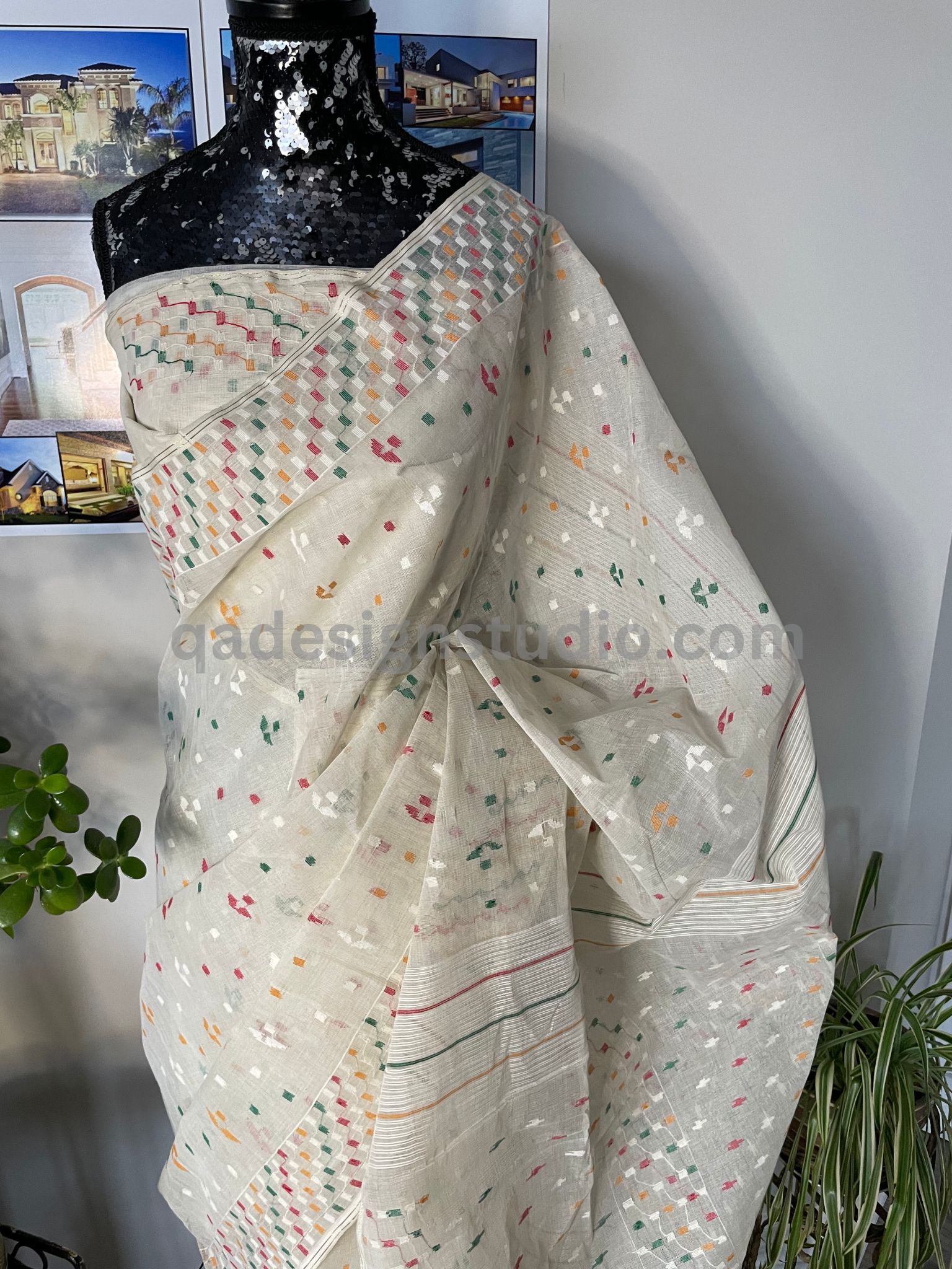 White Linen Jamdani Saree – UTPALADesigns