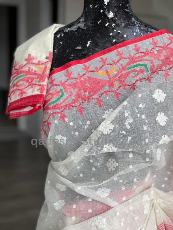 White Jamdani Saree With Red Blouse