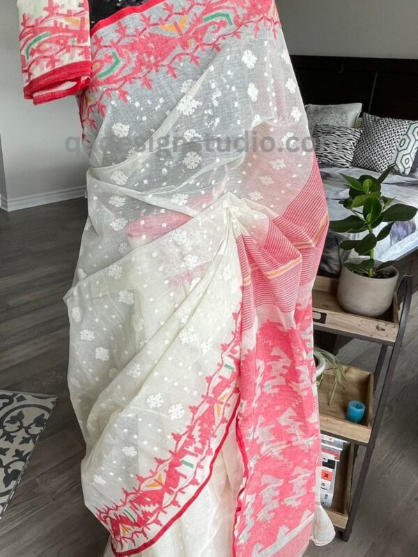 White Jamdani Saree With Red Blouse