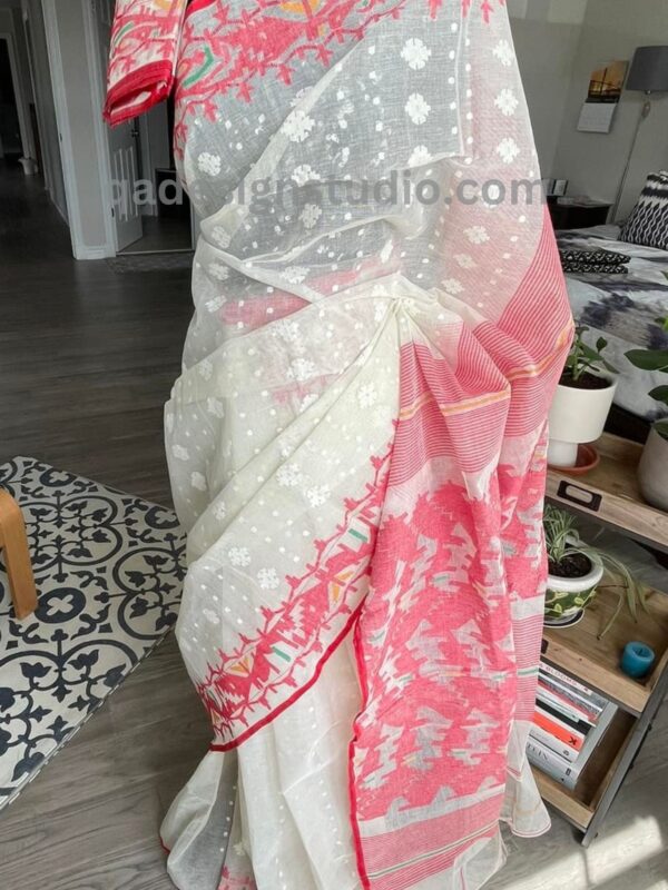 White Jamdani Saree With Red Blouse