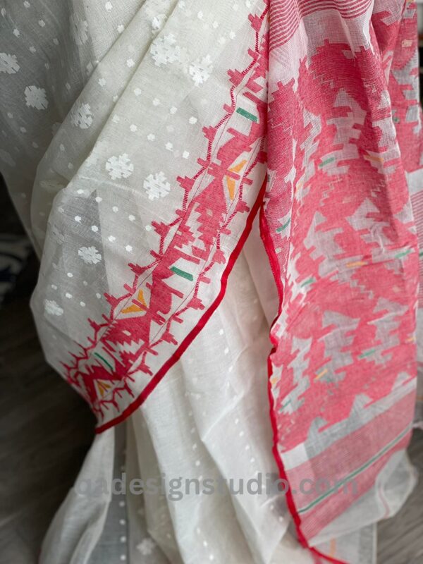 White Jamdani Saree With Red Blouse